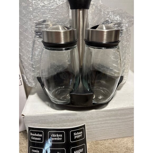 7 Piece Glass & Stainless Steel Spice Jar Set With Rotating Rack & Labels - Picture 2 of 9